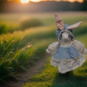 Handmade Cloth Bunny Rabbit Doll Blue Bonnet Dress Vintage Style Soft Plush USA